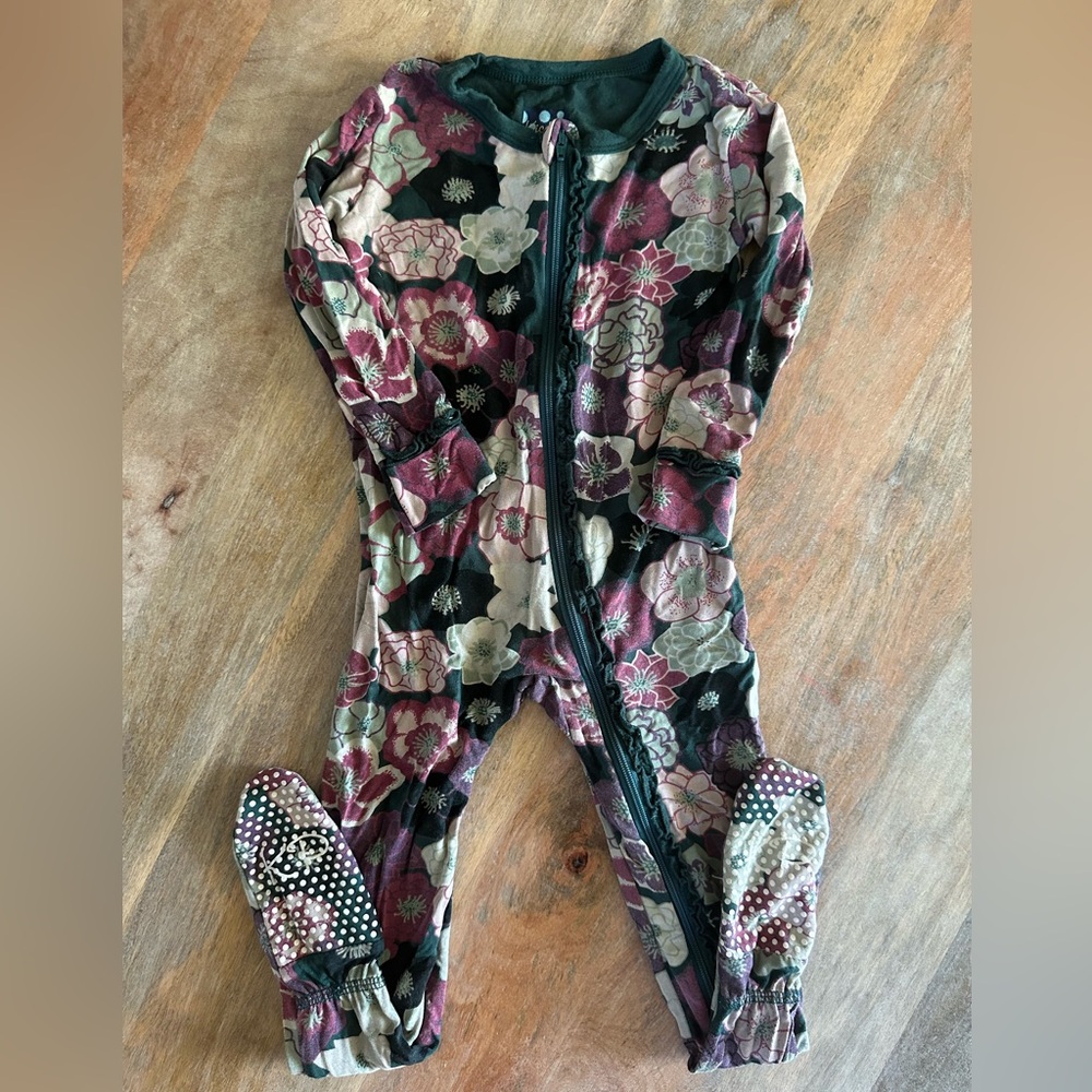 Kickee Pants Dark Green & Putle Floral Baby Footie